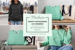 Woman with mint tote bag mockup urban lifestyle Product Image 1