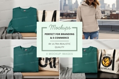 Green t-shirt mockup on wooden shelf with tote bag urban lif Product Image 1