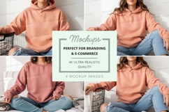 Woman in hoodie mockup on bed with laptop and phone Product Image 1