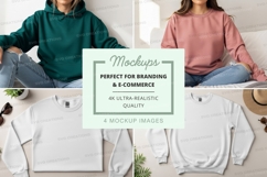 Women wearing customizable hoodie mockup on bed Product Image 1