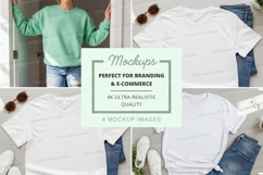 White t-shirt mockup on woman in casual outfit display Product Image 1