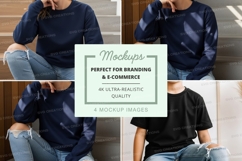 Man wearing casual mockup sweater on stairs minimal design Product Image 1
