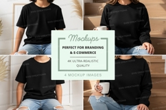 Woman mockup drinking coffee on wooden stairs minimal lifest Product Image 1