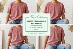 Woman mockup t-shirt casual sitting white minimalist backgro Product Image 1