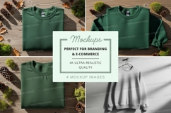 Green sweatshirt mockup on wooden shelf with plants Product Image 1