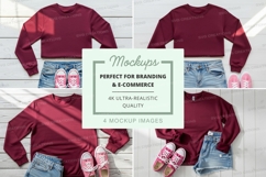 Women's burgundy crop hoodie mockup on jeans with sneakers Product Image 1