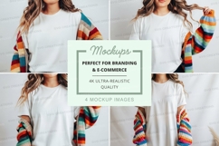 Mockup of a woman wearing a white t-shirt with colorful stri Product Image 1