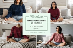 Women meditating on bed mockup Product Image 1