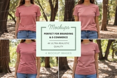 Pink t-shirt and blue jeans outfit in the woods Product Image 1