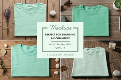 Mockup of folded t-shirts on wooden surface Product Image 1