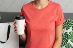 Red t-shirt mockup with coffee cup Product Image 1