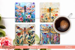 Mosaic Watercolor Square Coasters | Colorful Dragonfly PNGs Product Image 1