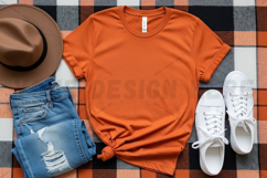 Casual orange t-shirt with distressed jeans mockup Product Image 1