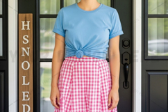 Casual blue t-shirt with pink plaid skirt mockup design Product Image 1
