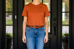Casual burnt orange t-shirt with blue jeans mockup design Product Image 1
