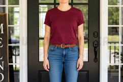 Women's burgundy t-shirt and blue jeans outfit mockup design Product Image 1