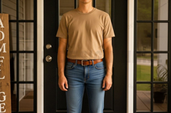 Casual beige t-shirt and blue jeans outfitt mockup design Product Image 1