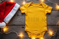 Bright yellow baby onesie with santa hat t-shirt mockup Product Image 1