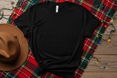 Black t-shirt on plaid blanket with hat t-shirt mockup Product Image 1
