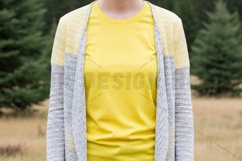 Bright yellow t-shirt with gray knit cardigan t-shirt mockup Product Image 1