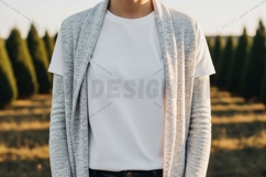 Minimalist white t-shirt with grey cardigan t-shirt mockup Product Image 1