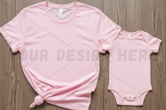 Matching pink t-shirt and baby onesie set t-shirt mockup Product Image 1
