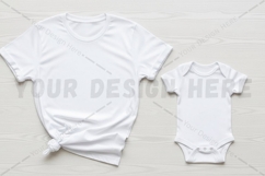 White t-shirt and baby onesie set t-shirt mockup Product Image 1