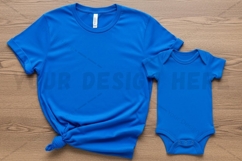 Matching blue t-shirt and baby onesie set t-shirt mockup Product Image 1
