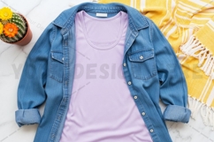 Casual lavender t-shirt with denim jacket t-shirt mockup Product Image 1