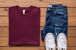 Casual outfit with burgundy t-shirt mockup Product Image 1