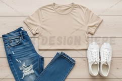 Casual outfit with beige t-shirt mockup design Product Image 1