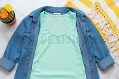 Light blue denim jacket with mint green t-shirt mockup Product Image 1