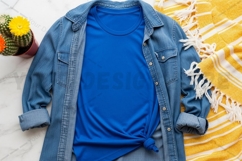 Casual blue t-shirt with denim jacket t-shirt mockup Product Image 1