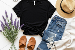 Light blue hoodie with jeans and coffee t-shirt mockup Product Image 1