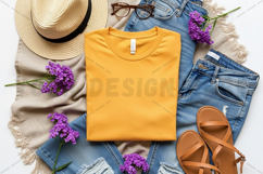 Light blue hoodie with denim jeans and coffee cup mockup Product Image 1