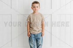 Kids beige t-shirt and blue jeans outfit mockup Product Image 1