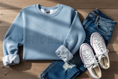 Casual outfit with light blue sweatshirt mockup Product Image 1