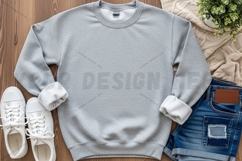 Casual grey sweatshirt with denim and sneakers mockup design Product Image 1