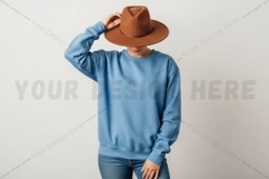 Stylish blue sweatshirt with brown hat t-shirt mockup Product Image 1