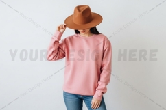 Stylish pink long sleeve t-shirt with brown hat mockup Product Image 1