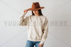 Casual cream sweatshirt with brown hat t-shirt mockup Product Image 1