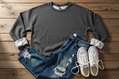 Casual outfit with grey t-shirt, ripped jeans t-shirt mockup Product Image 1
