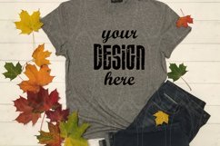 Thanksgiving Mockup Gray T-shirt Black Jeans Autumn leaves Product Image 1