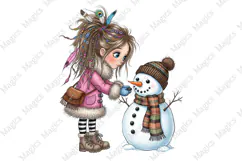 Quirky Girl and Snowman Clipart PNG Product Image 1