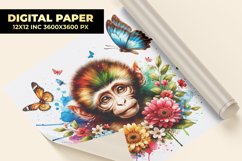 Monkey With Floral Watercolor Digital Paper Product Image 1