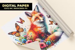 Fox With Floral Watercolor Digital Paper Product Image 1