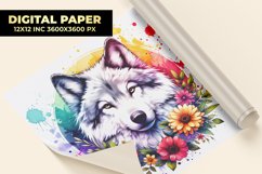 Wolf With Floral Watercolor Digital Paper Product Image 1