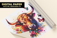 Bull With Floral Watercolor Digital Paper Product Image 1