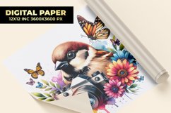 Sparrow With Floral Watercolor Digital Paper Product Image 1