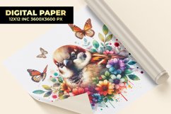 Sparrow With Floral Watercolor Digital Paper Product Image 1